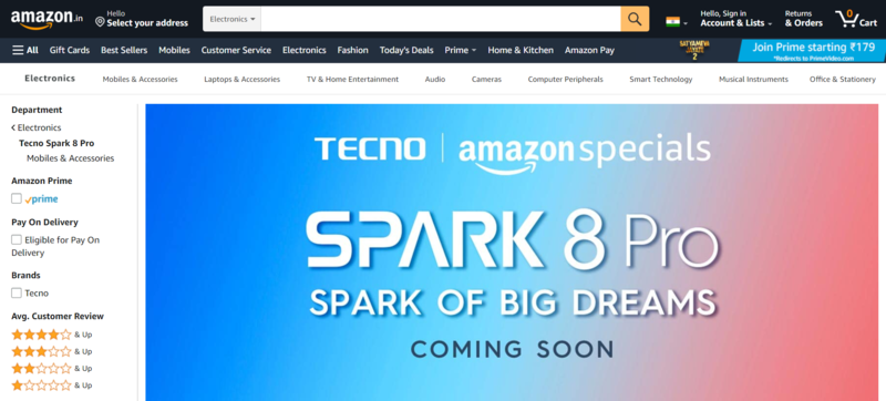 Tecno Spark 8 Pro teased on Amazon, to feature 48MP camera and 33watt fast charging